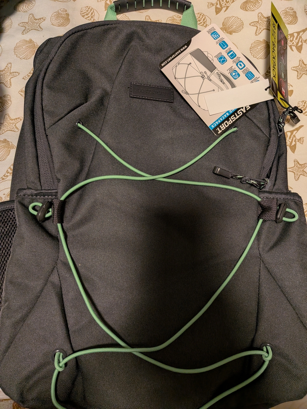 Eastport Men’s Black Backpack with Mint Green Bungee Cord